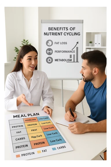 a nutritionist explains to an athlete how to cycle macronutrients for fat loss and training. On the desk, a weekly meal planner shows alternating high-carb and low-carb days, with color-coded sections for proteine, grassi, and carbo. The athlete takes notes, and a chart in the background illustrates the benefits of nutrient cycling. The mood is professional and educational. scritto in italiano sticker