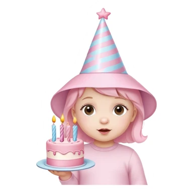 cute baby girl with pastel pink birthday hat and pink birthday cake sticker