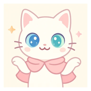 white odd-eyed cat with different colored eyes, cute expression, wearing a pink cape, shrugging shoulders, lovely and bright feeling sticker