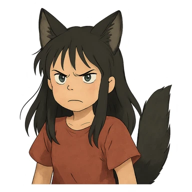 A girl with black fox ears and a tail, green eyes, dark hair, looking angry sticker