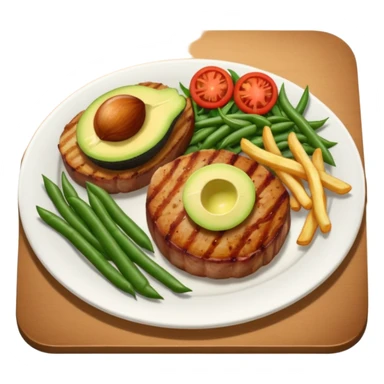 pork chops, fries, tomato onion salad, beans, and avocado  sticker
