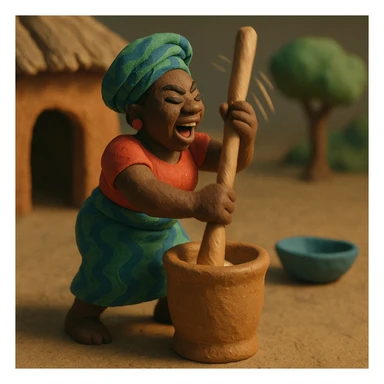scene of Nigerian woman energetically pounding yam, visible motion, traditional clothing, handcrafted effect, claymation style sticker