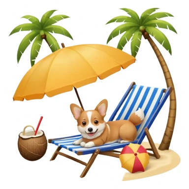 a corgi dog laied on a beach chair, a sunny beach, a sun umbrella, and beach coconut trees. the icon should capture the essence of a relaxing beach vacation with a carefree atmosphere sticker