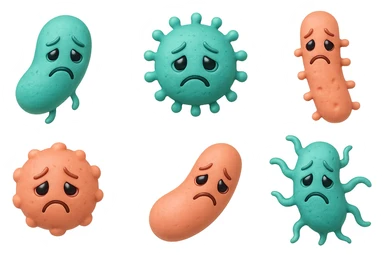 EMOJI STILE IPHONE DI 3 BATTERI INTESTINALI di forme diverse turchesi tristi e 3 batteri intestinali rosa salmone tristi CHE FLUTTUANO IN ARIA IPERREALISTICO 4K sticker