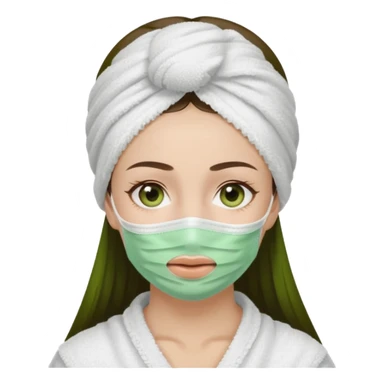 Girl with a white towel on head and green facemask, showing a little brunette hair above forehead sticker