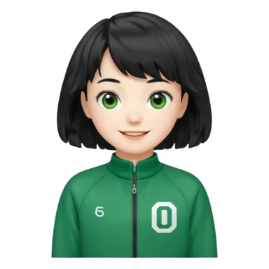 Sae-byeok from Squid Game, black wavy bob haircut with short fringe, green tracksuit, number 067 on chest, stylized emoji sticker