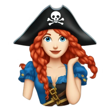Woman long red platted hair hanging down to left, pirate hat. One side of head has no hair. Blue eyes. skull and crossbones t shirt sticker