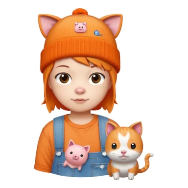 a colorful beanie, orange shirt with a cartoon pig and Japanese text, denim shorts, and accompanied by a small pixelated orange cat.  sticker