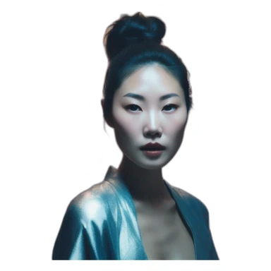 asian woman david bellemere, bathed in shadows, fov 90 degrees, short lighting, cold colors, gilded technique, extremely hyper aesthetic sticker