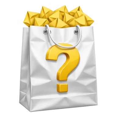 white goodiebag with yellow questions mark boxes stuffed in it sticker