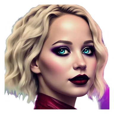 Synthwave Jennifer Lawrence in Harley Quinn style, oil paint, mysterious eyes, intricate lips, masterpiece portrait, odd perspective, beautiful, desirable, logical sticker