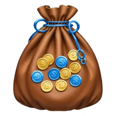brown money bag with blue coins inside sticker