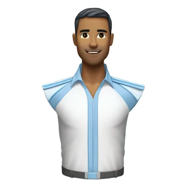 Corps complet chemise blanche ou bleu clair, sans cravate, avec les manches retroussées éléments visuels futuristes comme des lignes LED sur le costumers sticker