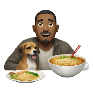 A guy eating ramen with a dog sticker
