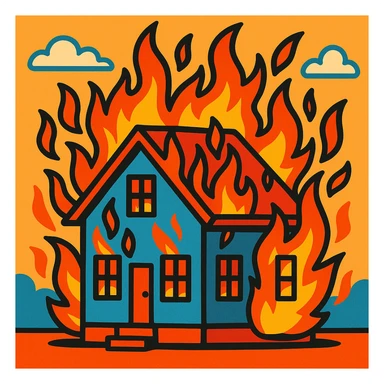 a house engulfed in flames, cartoon style, vibrant colors, expressive sticker