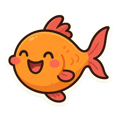 Create a cutesy fish with a happy expression in a cartoonish sticker style. Focus on a joyful and adorable look with bright colors and simple shapes. sticker