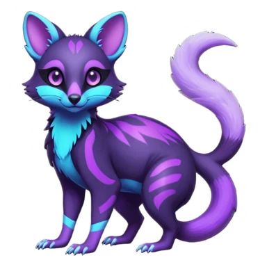 Obsidian-onyx-black and glowing neon-purple, shiny blind eyes, magical fantasy-Genet-Sentret-Marsupial-Possum-Vernid-Sergal-Fakémon-hybrid, by LiLaiRa-griffsnuff, full body sticker