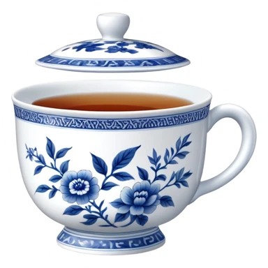 traditional Chinese tea cup with blue and white porcelain design sticker
