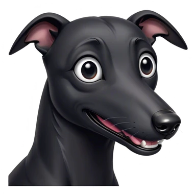 Cinematic Comical Black Greyhound Portrait Emoji, Head tilted dramatically with an exaggeratedly amused expression, featuring a glossy jet-black Fur and wide, expressive dark eyes filled with playful disbelief, Simplified yet hilariously expressive features, highly detailed, glowing with a slightly sassy glow, high shine, dramatic yet playful, stylized with an air of cheeky mischief, bright and endearing, soft glowing outline, capturing the essence of a spirited and over-the-top racer, so meme-worthy it feels like it could side-eye its way into internet fame instantly! sticker