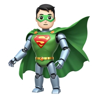 robot with green superman cape and a X in the chest sticker