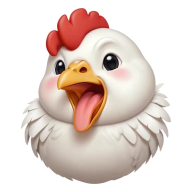 Cinematic Cute Yawning White Chicken Portrait Emoji, Head tilted slightly with a dramatic, wide-open yawn, showcasing a soft, fluffy white plumage with a crisp red comb and drooping wings, round beady eyes barely open in drowsy contentment, Simplified yet irresistibly adorable features, highly detailed, glowing with a soft, cozy glow, high shine, relaxed yet expressive, stylized with a touch of whimsy, bright and endearing, soft glowing outline, capturing the essence of a sleepy yet affectionate chicken, so drowsy it feels like it could stretch out of the screen and curl up for a nap! sticker