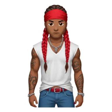 Samoan male with loose fitting white t-shirt. Red bandana. Red jeans. long braided hair, very muscular, tattoos. street culture clothing. Tough and menacing. Gangster locs. sticker