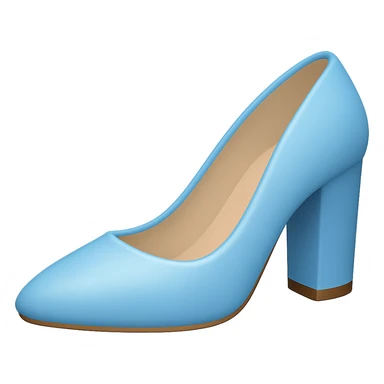 Edit the image to depict a light blue women's shoe with a slightly flatter and very thick heel in the style of Apple emojis. The background should be transparent. sticker