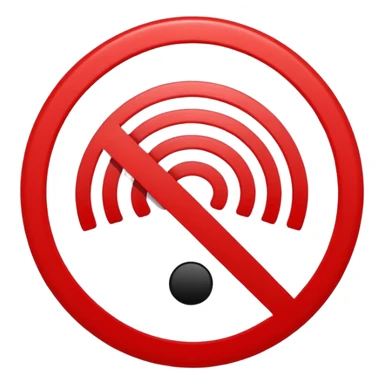 Minimalist “No Wi-Fi” icon, flat vector style on white background. A clean black Wi-Fi signal symbol inside a bold red circle with a diagonal clearly shows no internet connection or poor connection. No text, shadows, or extra details sticker