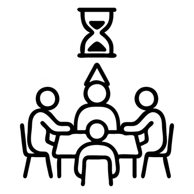 minimalist outlined icon of players and a game master collaborating, with a clock or hourglass representing a multi-day marathon, worn and distressed effect sticker