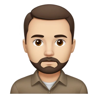 Close-up of René Monclova with light skin tone, round face, broad cheekbones. Lively dark brown eyes, thick straight eyebrows. Short messy brown hair with slight receding hairline. Untidy brown beard covering jaw. Wearing a dark collared shirt. sticker