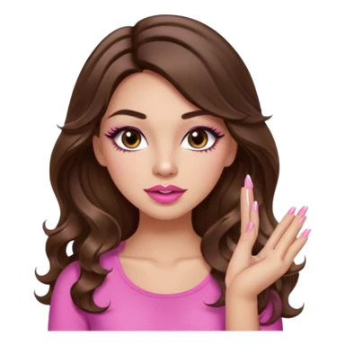 girl with long wavy brown hair, brown eyes, light to medium complexion, in a pink sexy top, pink puckered lips, long lashes, showing a manicure sticker