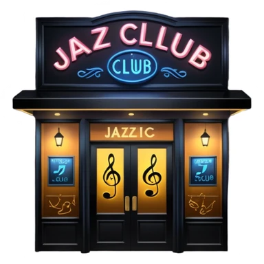 jazz club entrance at night with glowing sign and music notes sticker