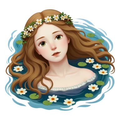Ophelia floating in water surrounded by flowers, based on the famous painting by John Everett Millais sticker