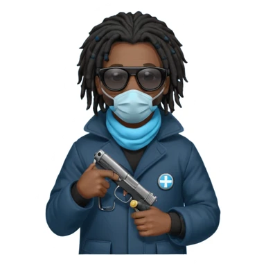 African American man with shoulder length black dreadlocks  wearing black sunglasses wearing a black bubble winter coat wearing a blue hospital mask covering mouth and nose  holding a pistol gun in hand sticker