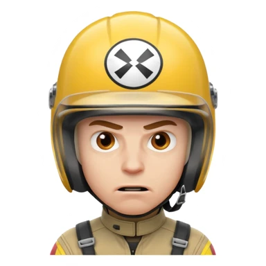 white male racer in helmet, crazy look, taking risks, very serious face, angry sticker