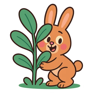 full-body cinnamon bunny peeking behind a plant in pastel-toon style sticker