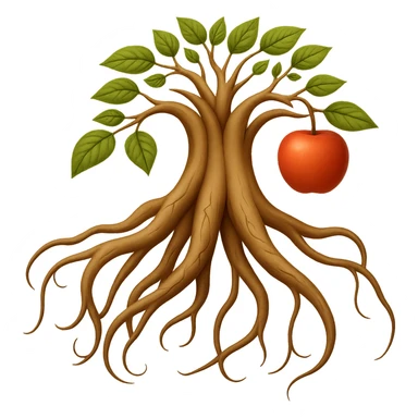 Add one fruit, a sprinkle, and two leaves to the wild ginseng root. Keep the background transparent. Maintain the style of the original image. sticker