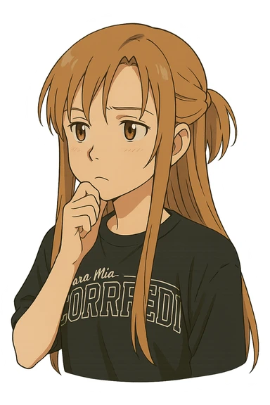 Sticker of Asuna from Sword Art Online in ghibli style, thoughtful expression, transparent background, inspired by the reference image. sticker