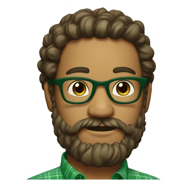 An emoji of a man with curly hair tied into a bun, wearing green prescription glasses. He also has a long beard and is wearing a green plaid shirt. sticker