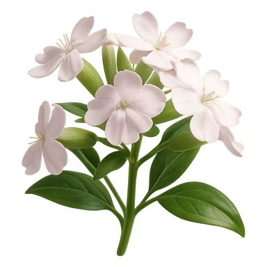 Create a 3D iOS-style realistic soapwort (Saponaria) flower with delicate pale pink petals, green stem and leaves, soft lighting, and a glossy effect. The image should have no background. Render in the style of GPT Image to capture realistic and detailed features. sticker
