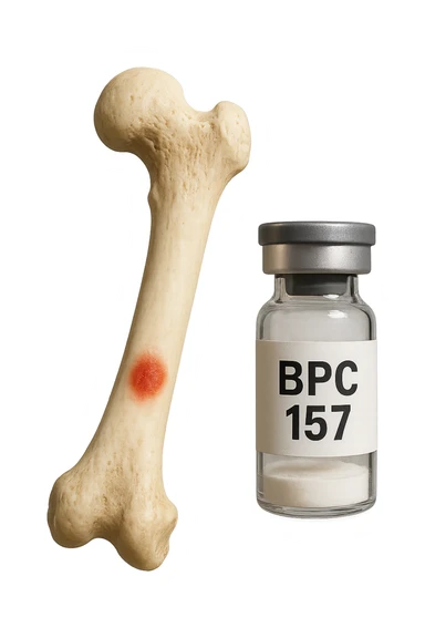 osso umano con red spot fluttua insiema a fiala medica con la scritta "BPC 157" SULL'ETICHETTA, iperrealistiche 4k sticker