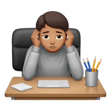 A person wearing a jumper experiencing burnout, exhausted and overwhelmed, tired eyes, slumped posture, sitting at a desk, iOS emoji style sticker