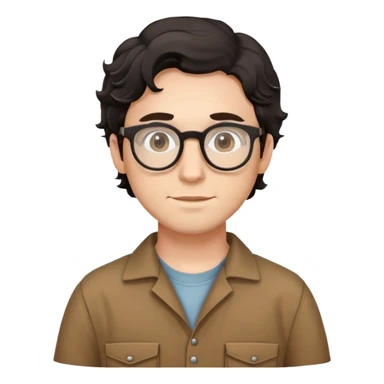 Young caucasian man with black wavy hair, round glasses, wearing brown carpenter outfit with shirt underneath sticker