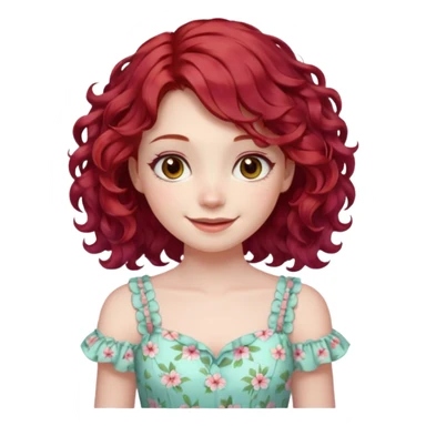 girl with shoulder length curly cherry red hair with brown eyes and pale skin smiling. pastel dress sticker