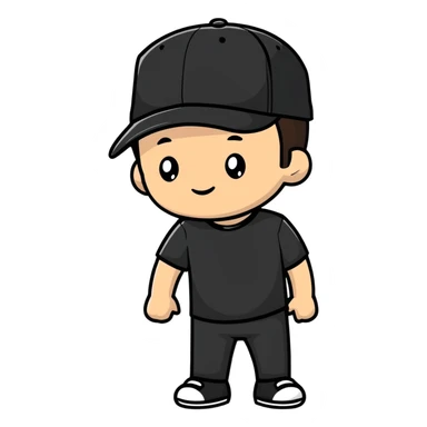 a white bro with brunette hair, wearing a black cap and a black shirt sticker