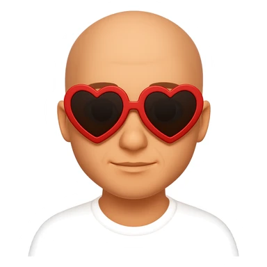 A bald guy wearing heart-shaped sunglasses in the style of apple emojis, with no background, clean and crisp apple emoji style look. sticker