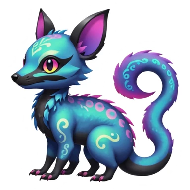 Rare neon iridescent white exotic cute epic aesthetic gothic colorful Salandit-Eevee-Civet-species-Fakemon-hybrid-creature, with intricate tattoo markings, full body sticker