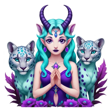 Feminine Baphomet standing among trippy purple and teal mushrooms.. she’s petting a snow leopard  sticker