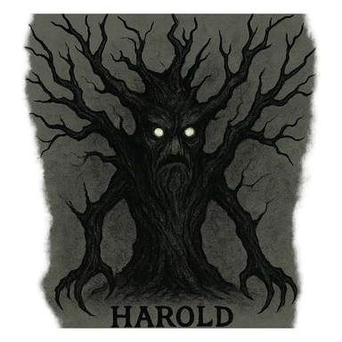 tree character named Harold inspired by Haunted Mound, dark eerie mysterious vibe, twisted branches, glowing eyes, haunting presence sticker