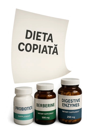 FOGLIO DI CARTA FLUTTUA IN ARIA CON LA SCRITTA "DIETA COPIATA", INSIEME A BARATTOLI DI INTEGRATORI PER CURARE IL SIBO, IPERREALISTICO 4K, NON DISEGNATO sticker